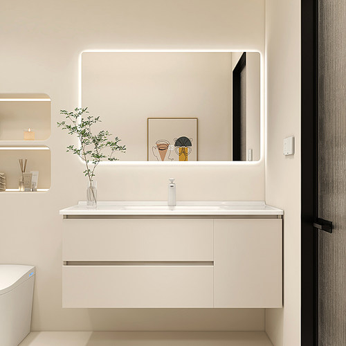 奶油风实木浴柜陶瓷一体盆洗手盆柜洗手台洗脸盆柜组合洗漱台