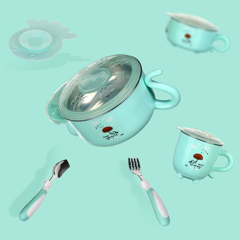儿童餐具防摔不锈钢注水保温碗 吸盘碗5件套装宝宝辅食碗8929-5