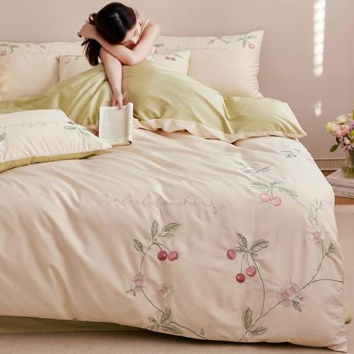 新款澳棉工艺极简轻奢刺绣四件套床单亲肤纯棉全棉被套床上用品