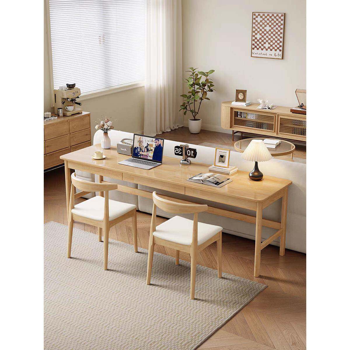 实木双人书桌学生家用学习写字台式电脑桌卧室简易办公长条窄桌子