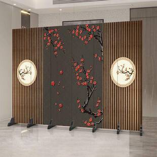 新中式屏风花鸟家用客厅酒店大堂折叠隔断墙暗色移动折叠木质屏风