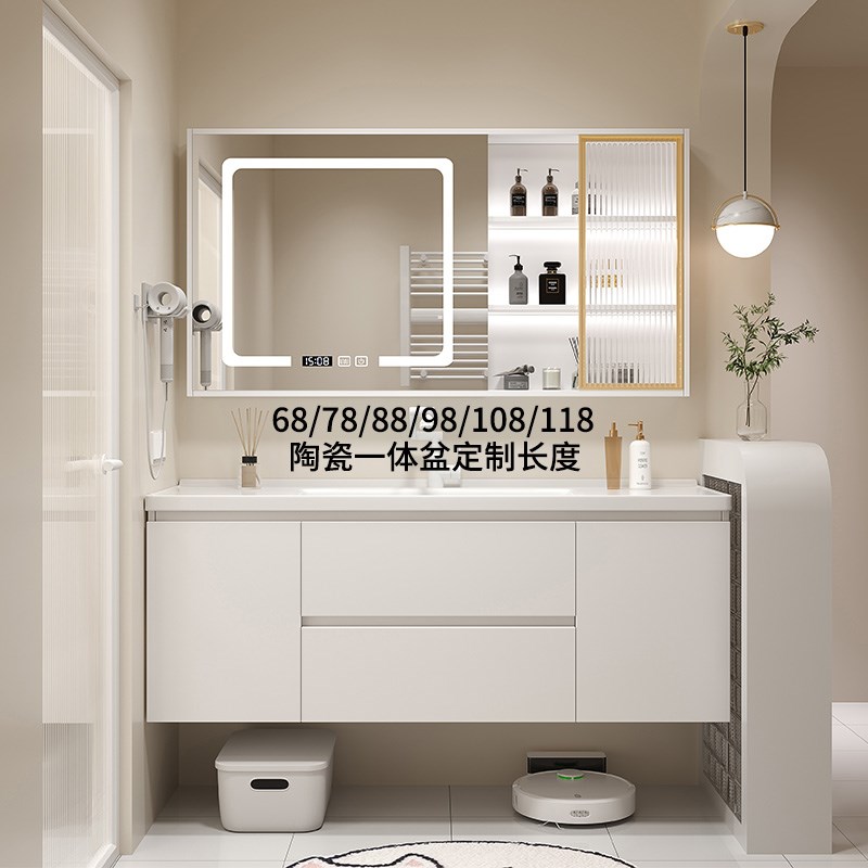 新款奶油风浴室柜陶瓷一体盆5/75CM85/95公分105/115厘米洗漱台