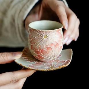 青花火石红茶杯杯垫组合描金堆雕纯手绘映山红主人杯品茗单杯