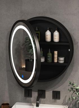 0JLED智能浴室镜柜实木椭圆形卫生间壁挂圆镜子带灯挂墙式梳妆镜