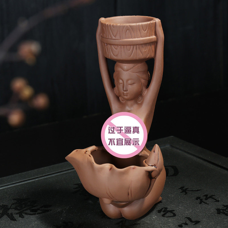 紫砂茶宠摆件美女喷水奶茶妹茶漏架茶滤网茶盘摆件创意茶具过滤器