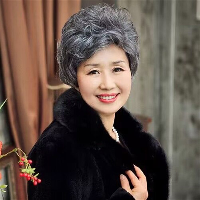 中老年假发慈爱妈妈花白款 短发假发自然蓬松短卷发表演假发发套