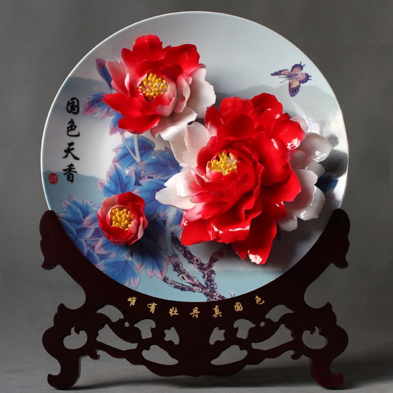 12寸烤花洛阳牡丹瓷盘花挂盘摆件礼品陶瓷家居装饰品花开富贵招财