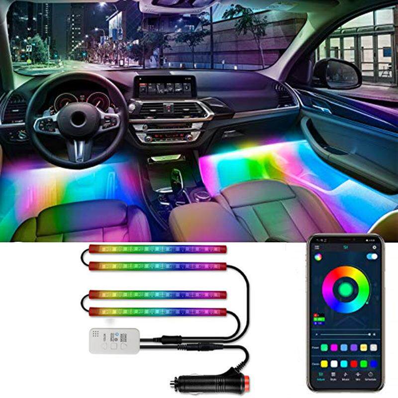 新款汽车氛围灯车载幻彩流光APP遥控声控脚底灯48led装饰节奏灯