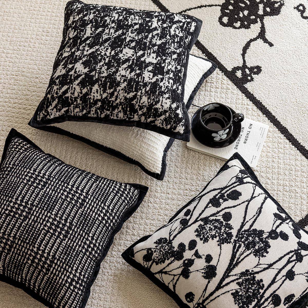 高品质黑白系雪尼尔提花靠垫抱枕法式轻奢家居沙发卧室软装靠枕