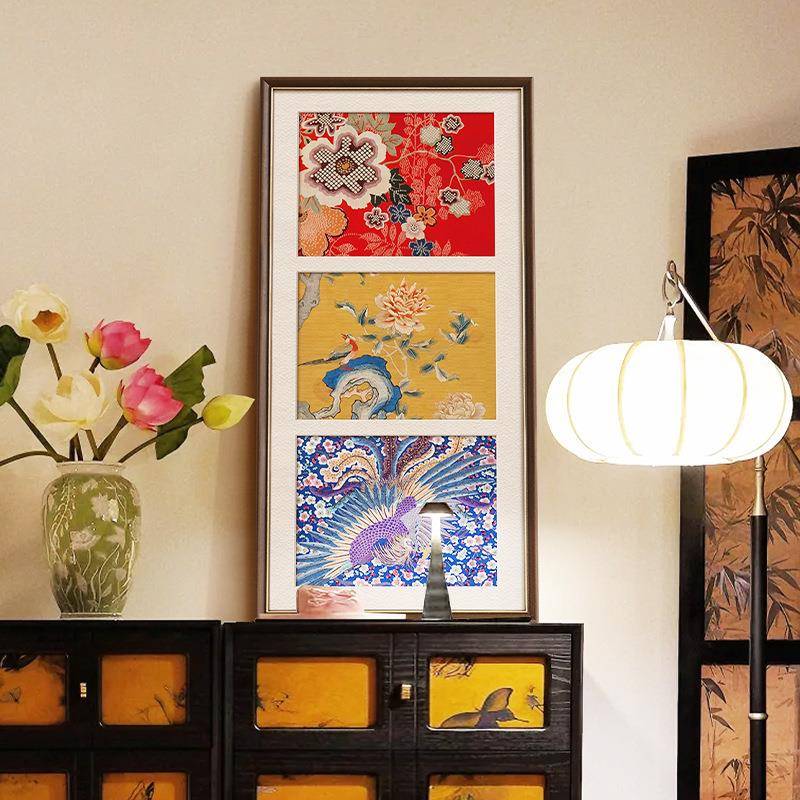 新中式客厅装饰画花鸟国风餐厅挂画实木画框复古壁画斗柜摆件新款