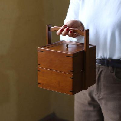 中式多功能食盒提箱 两层分格竹编收纳篮复古手提盒茶具收纳