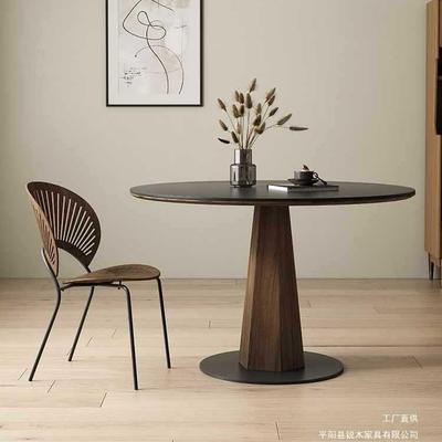 实木圆形岩板餐桌简约小户型纯黑圆桌复古黑胡桃色家用餐厅饭桌