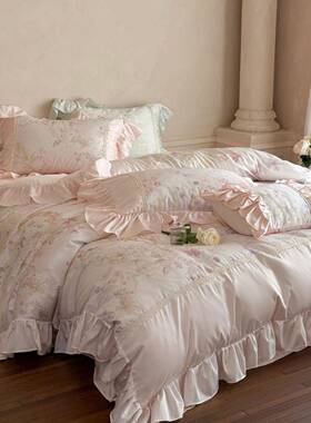 四季通用莱赛尔棉四件套少女心花卉数码印花荷叶边被套床品粉绿色