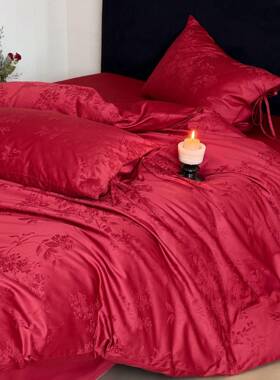 婚庆大红色绑带款全棉四件套长绒棉高端提花轻奢风嫁娶床上用品