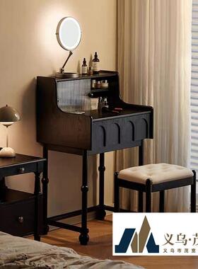 实木小钢琴梳妆台60cm中古小型黑色床头化妆台超窄法式复古化妆桌