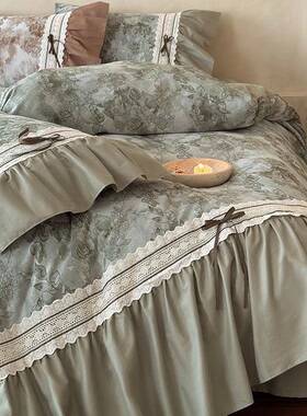 秋冬轻奢风全棉磨毛四件套高端花卉提花加厚纯棉被套床上用品绿色