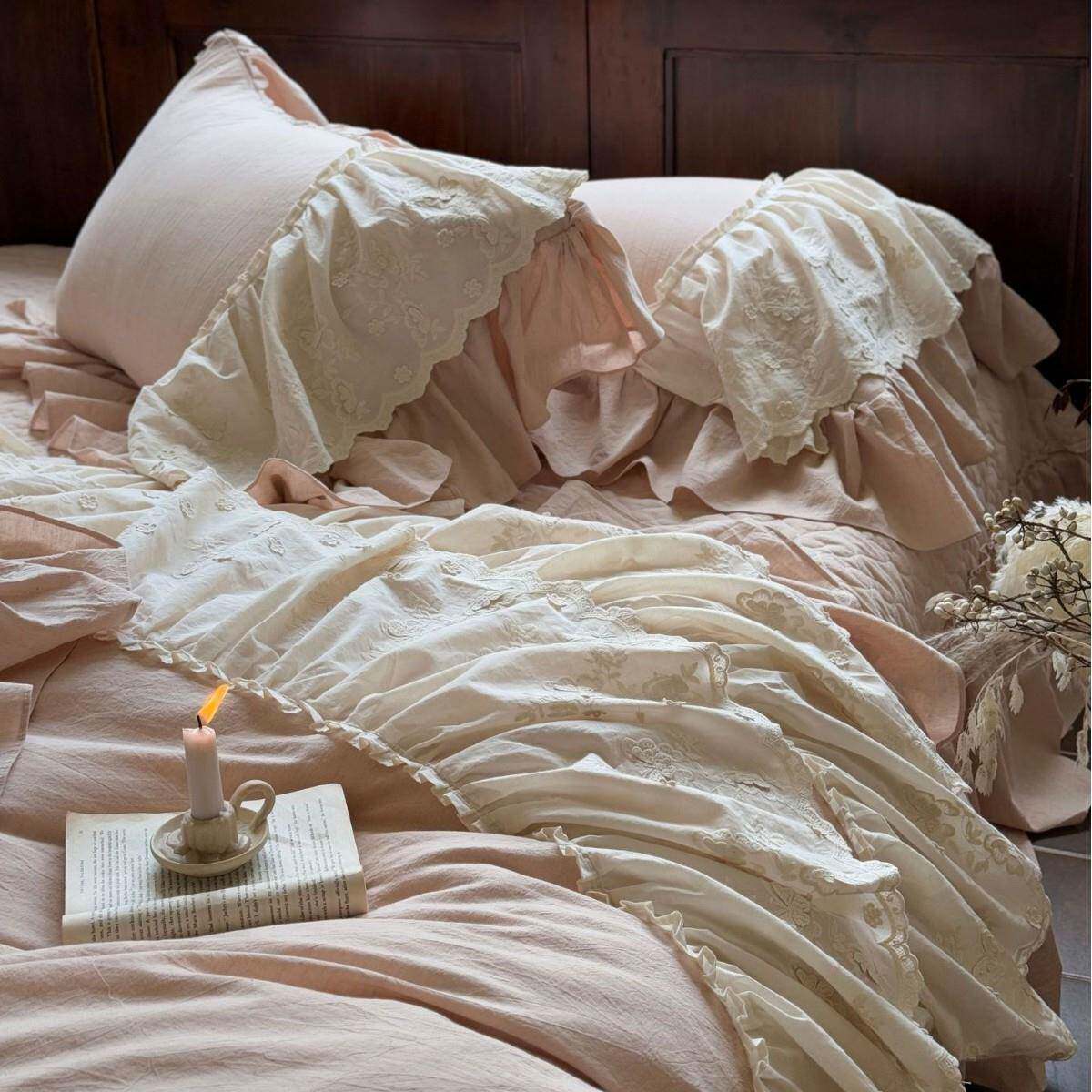 浪漫风法式竹节棉麻四件套手工立体钩花蕾丝花边床品床盖款少女风