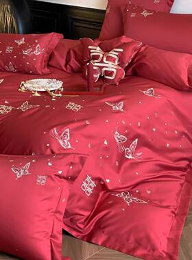 1中式浪漫婚庆红色全棉四件套纯棉轻奢蝴蝶刺绣订婚新婚喜嫁床品