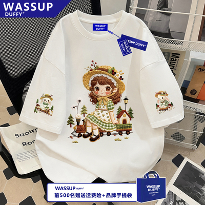 WASSUP男女白色T恤夏季纯棉短袖