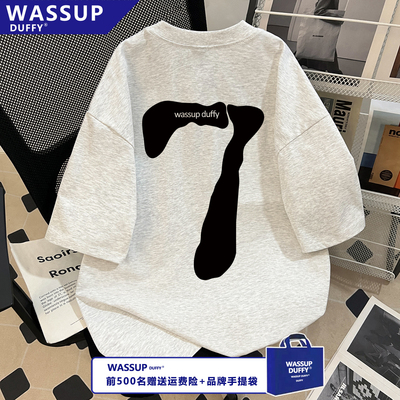 WASSUP纯棉美式白灰色T恤男女款