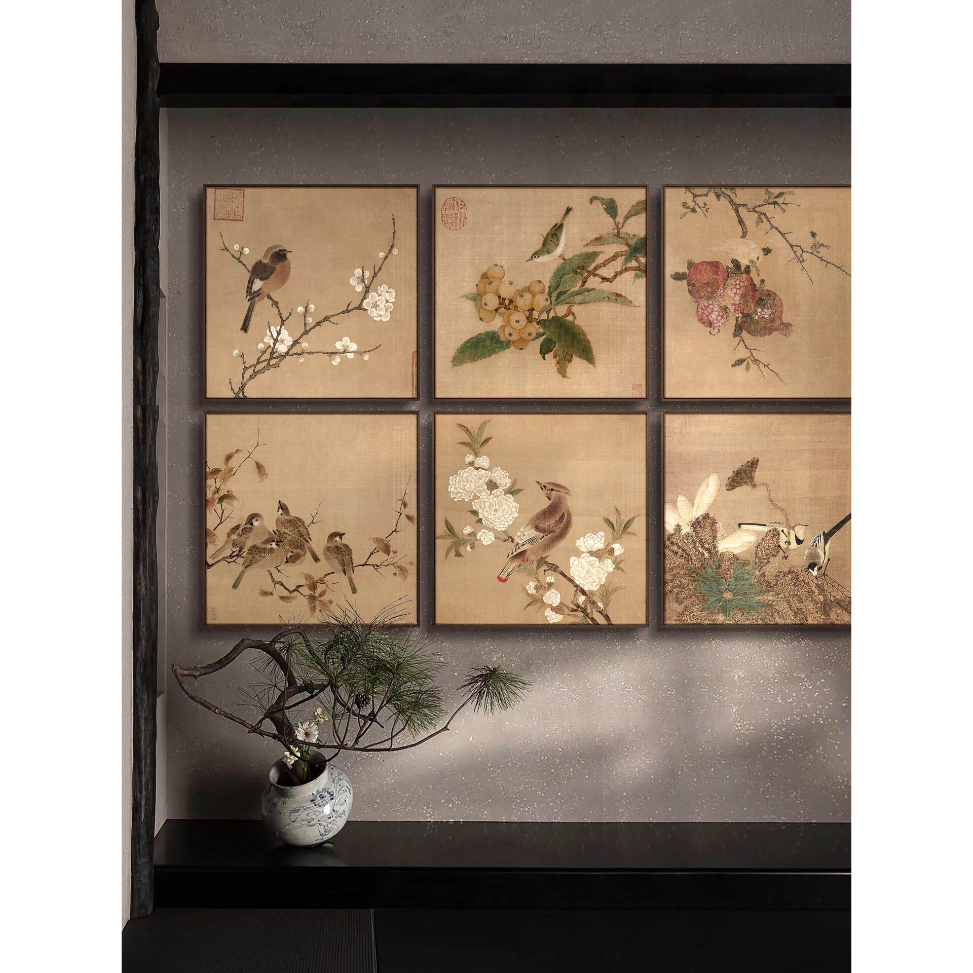 新中式卧室书禅房饰花鸟装画茶室挂意走廊过道背景覆古MAY艺术多