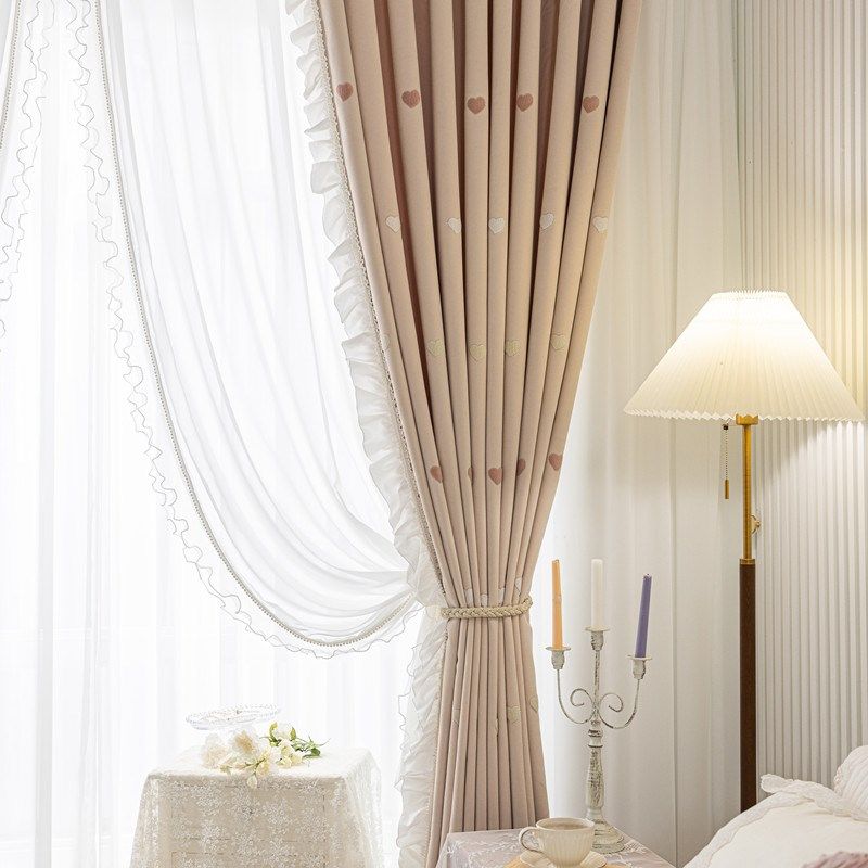 2024新款轻法式女孩房奶油风爱心绣花卧室飘窗儿童遮光窗帘布定制,居家布艺,定制窗帘,淘宝优惠券,粉丝福利购,淘宝优惠卷