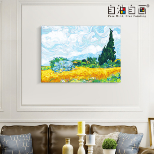 数字油画diy填色客厅卧室梵高风景油彩装饰名画 麦田里的丝柏树