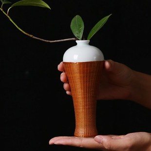 中式创意非遗手工瓷胎竹编工艺竹丝扣茶室摆件花瓶梅瓶茶桌花器