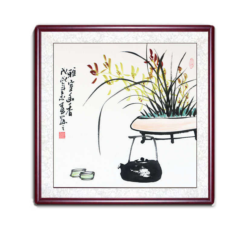 客厅三联画手绘国画兰花装饰画中式遮餐厅梅兰竹菊新电箱牡丹挂画
