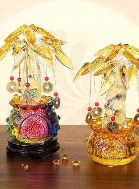 新款创意黄20516水晶玻璃工艺品招财摆件发财树摇树钱树居家装饰