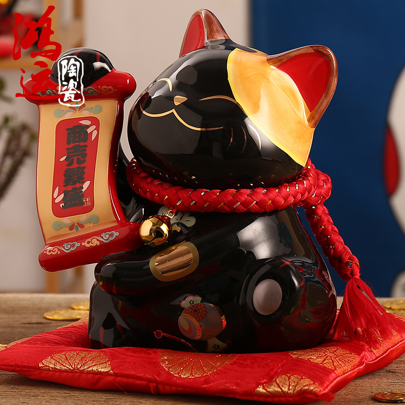 黑色招财猫陶瓷摆件 开业礼品创意客厅日式收银台家居装饰存钱罐