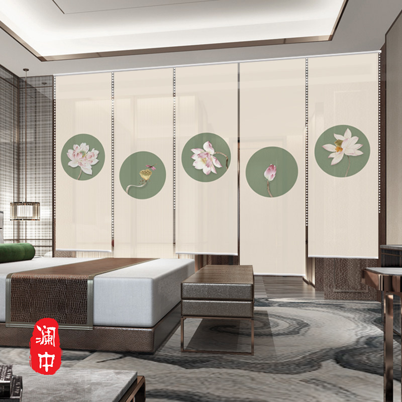 新中式卷帘窗帘升降卷拉式透明隔断柔纱帘屏风帘布艺装饰帘子荷花