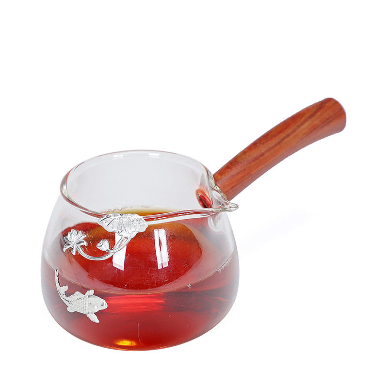 玻璃公道杯加厚耐热分茶器大号带木把创意个性镶锡带茶漏公茶杯