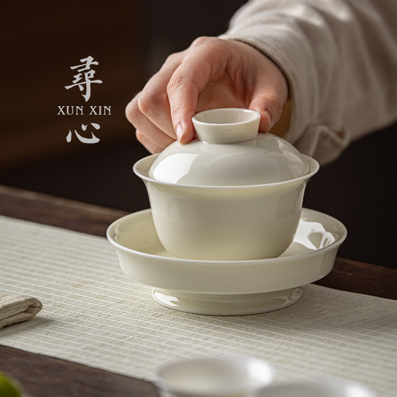 大号杏白釉手工三才盖碗茶杯家用陶瓷单个不烫手泡茶碗普洱茶碗