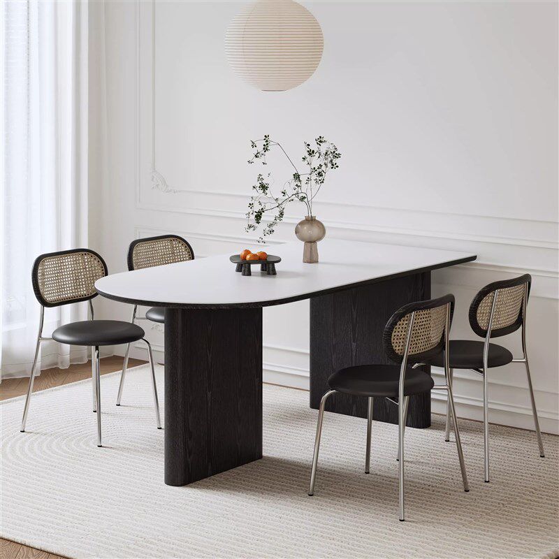 法式纯白岩板餐桌诧寂风实木餐厅桌子家用餐椅组合半岛台椭圆台面