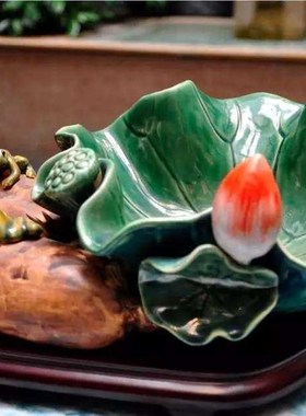 石湾公仔陶瓷荷花莲藕荷叶手工家居摆件饰品喜结莲理果盘创意礼品