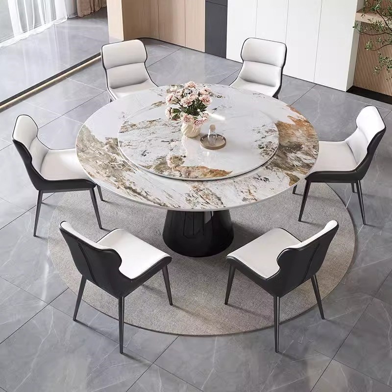 现代简约亮光岩板餐桌小户型家用转盘大圆桌高端岩板餐桌椅组合