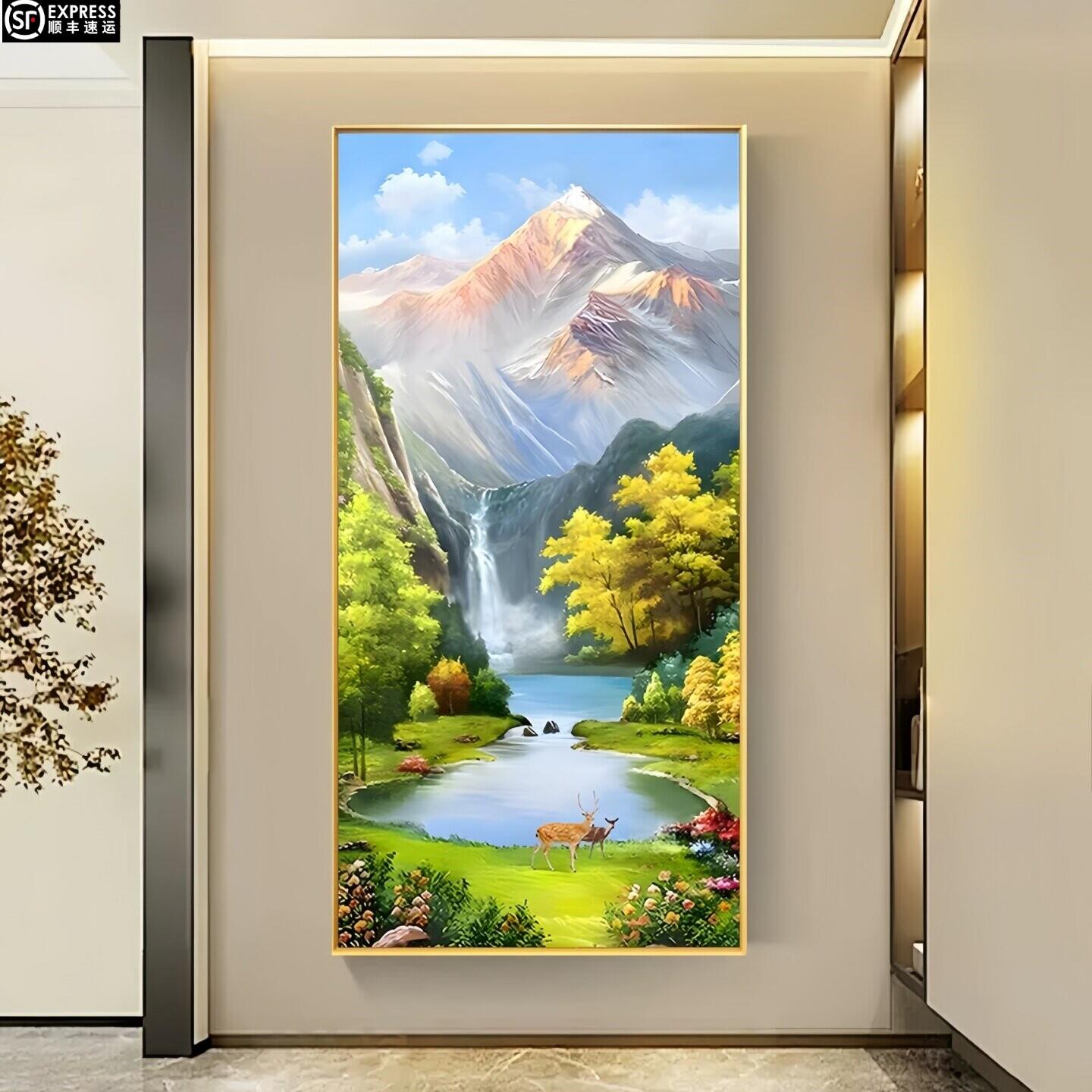 玄关装饰画八方聚财山水画聚宝盆竖版风景挂画正对门走廊过道壁画