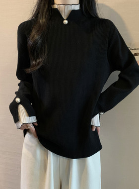 半高领针织打底衫内搭女秋冬大码微胖mm黑色高级感假两件毛衣上衣