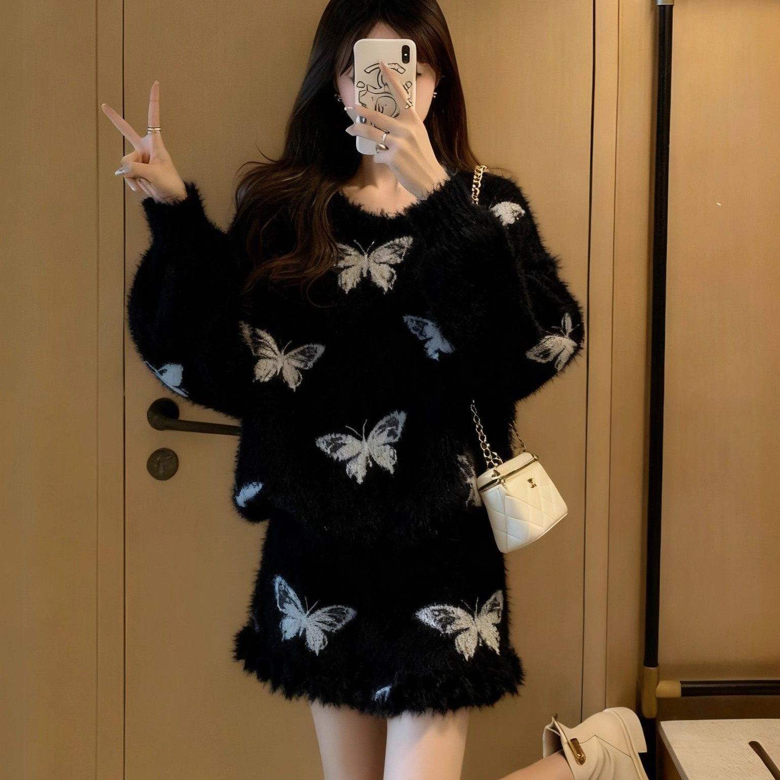 小个子秋冬温柔风套装女高级感蝴蝶结减龄显瘦针织毛衣短裙两件套