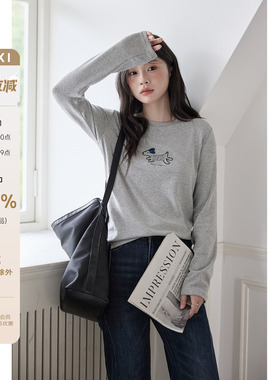 HUIXI绘系 小狗刺绣T恤女2025秋季新款小众减龄百搭灰色长袖上衣