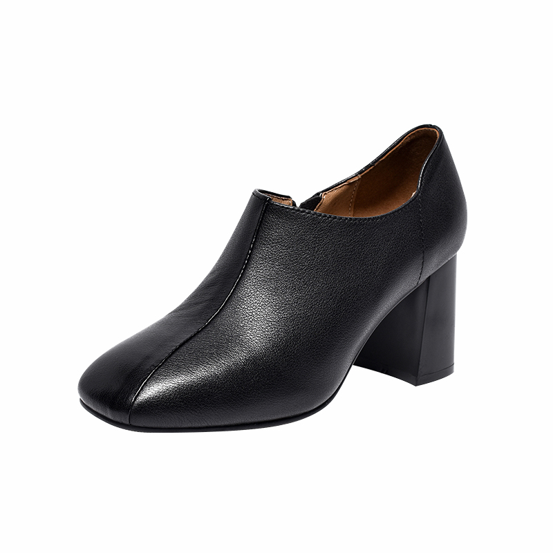 2025新款女士法式气质方头高跟鞋软皮粗跟深口单鞋秋冬时尚真皮鞋