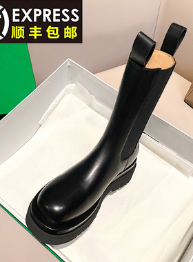 mona真皮内增高马丁靴女小个子英伦风中筒烟筒靴厚底切尔西短靴子