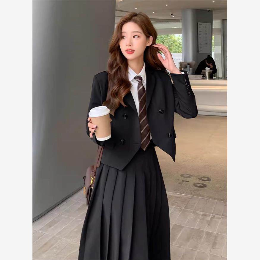 学院风西装套装裙春秋款大学生JK制服校供高中生班服高腰百褶长裙