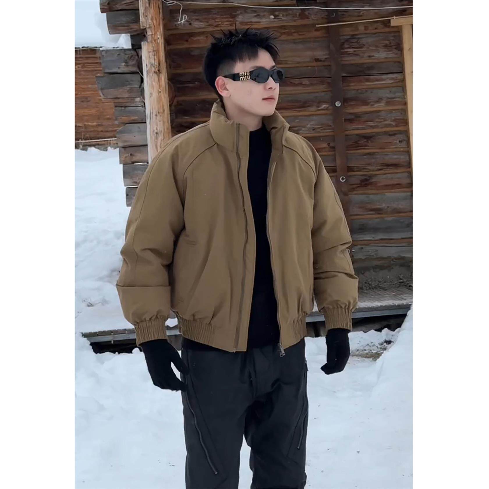 高级感痞帅卡其色短款飞行夹克羽绒服男冬季潮牌加厚保暖工装外套