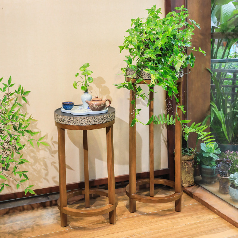 新中式实木花架置物架展示架室内客厅花架子木架装饰花几复古摆件