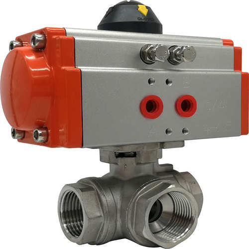 不锈钢304气动三通球阀Q614/5F-16P阀门4内螺纹作用球双执行器分