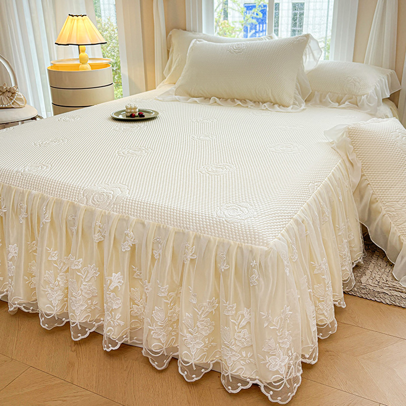 夏季凉感豆豆席带花边床裙款夏天冰丝凉席三件套可机水洗空调软席