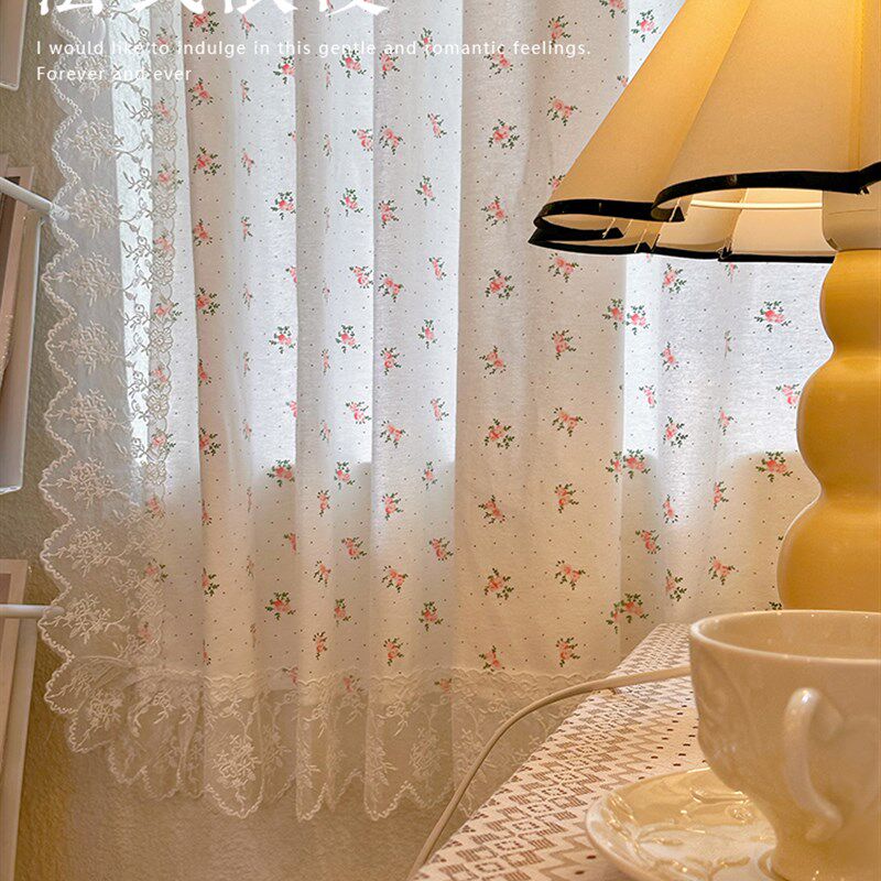 韩式田园风蕾丝刺绣花边窗帘法式浪漫粉色棉布小碎花免打孔半截帘,居家布艺,定制窗帘,淘宝优惠券,粉丝福利购,淘宝优惠卷