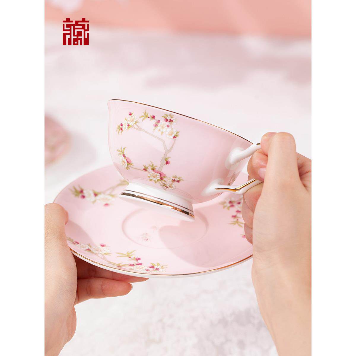 广省博物馆桃色清瓷花影东杯碟套装咖CRM啡创杯陶杯意礼品纪念品